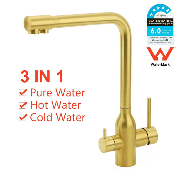 3-Way Mixer Faucet Tap Stainless Steel Gold Coating